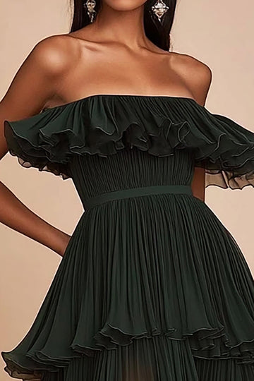 Strapless Tiered Ruffled Dark Green Formal Dress